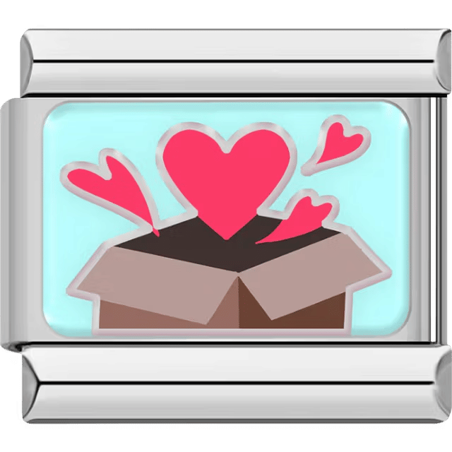 Open box with multiple pink hearts bursting out on a light aqua background.